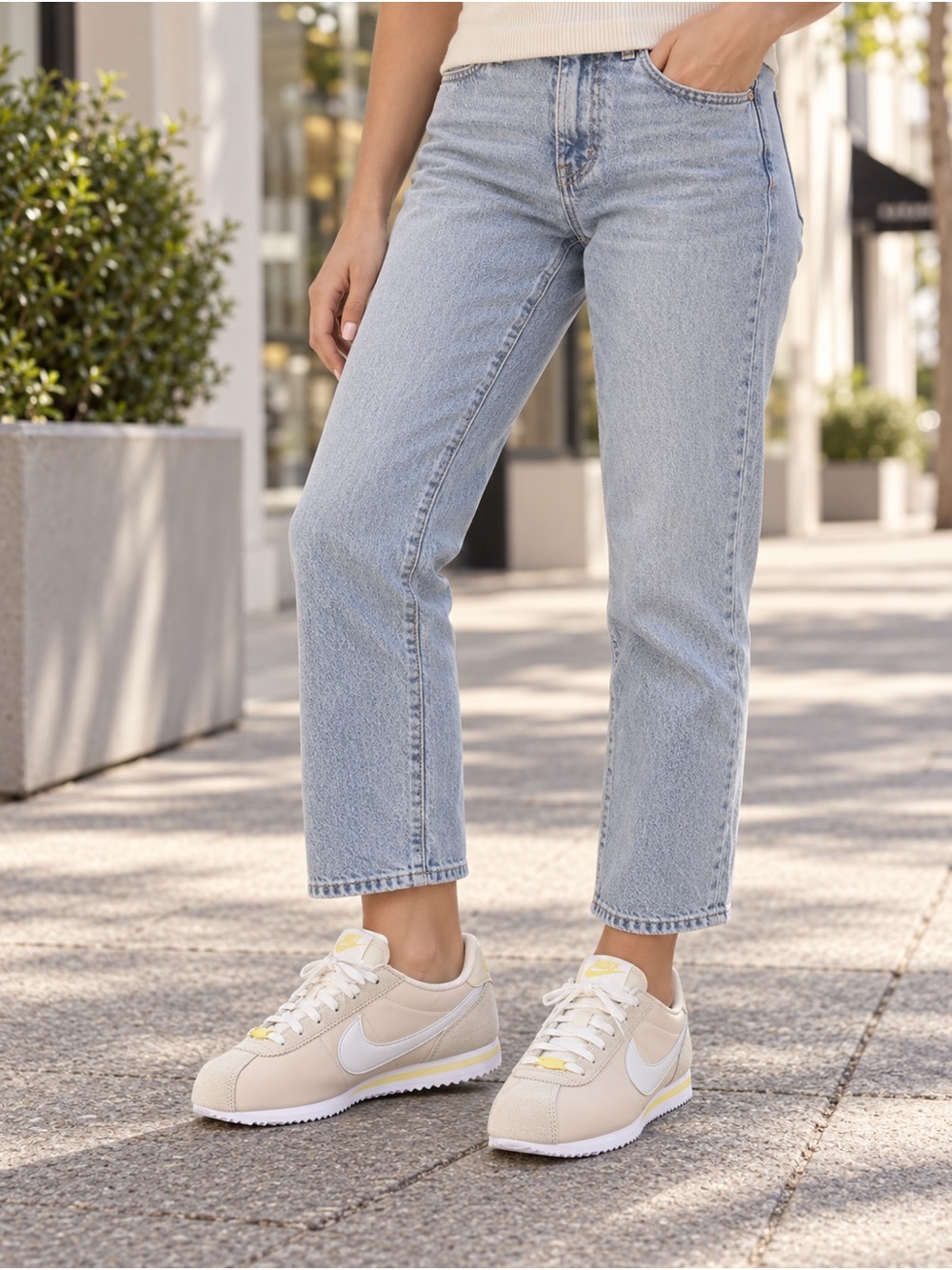 Nike Cortez Textile Sneakers Beige White Yellow